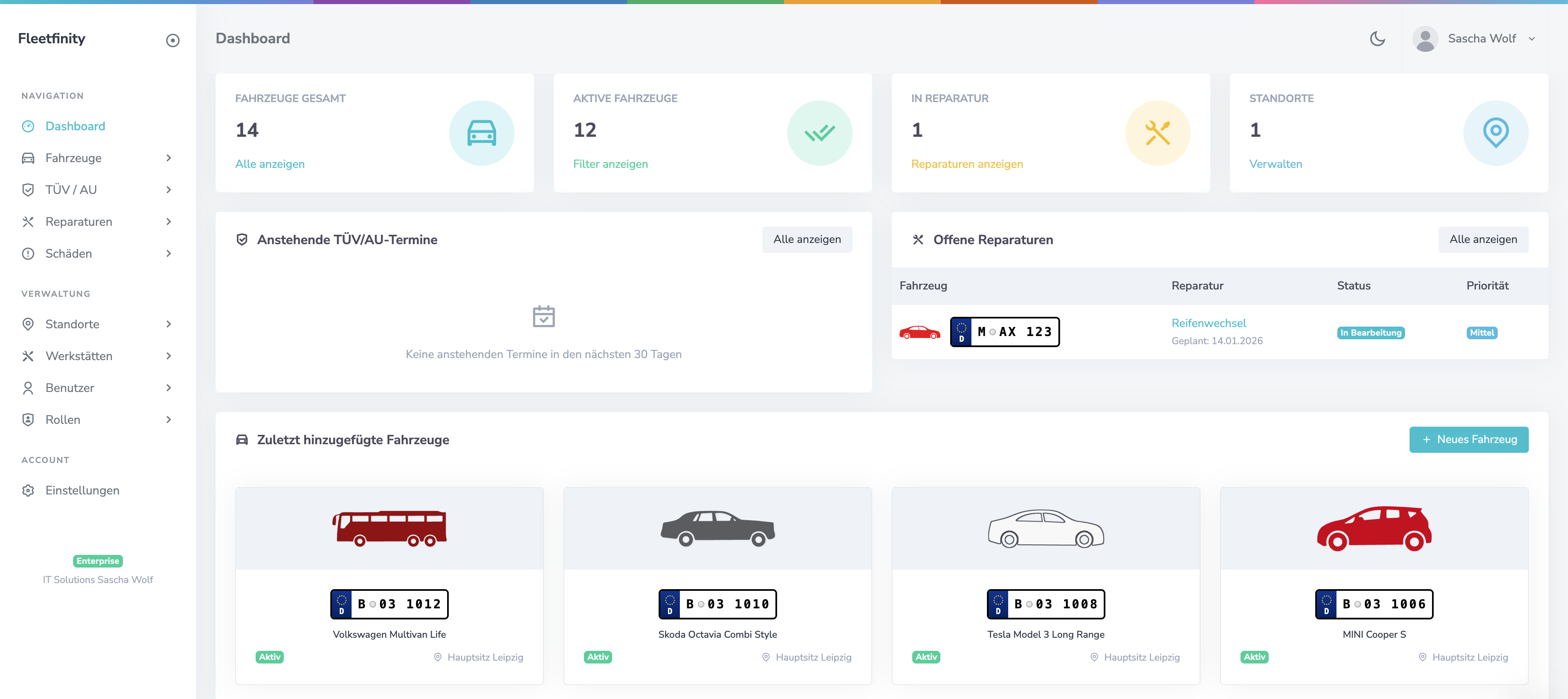 Fleetfinity Fahrzeugverwaltung Dashboard