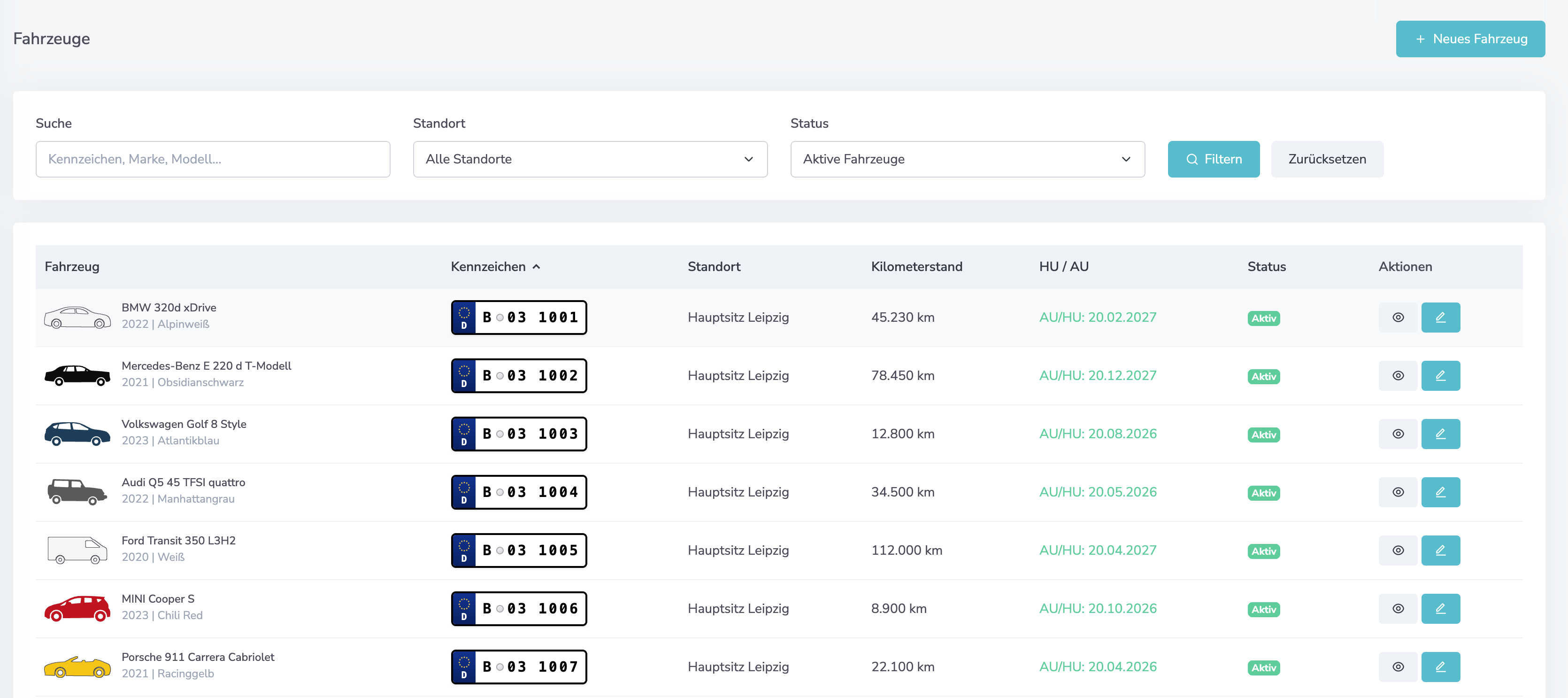 Fleetfinity Fahrzeugübersicht